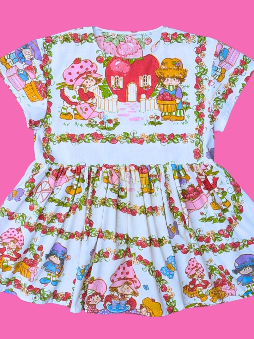 Handmade, Upcycled Strawberry Shortcake Bedsheet Dress Fits an Oversized S-M or